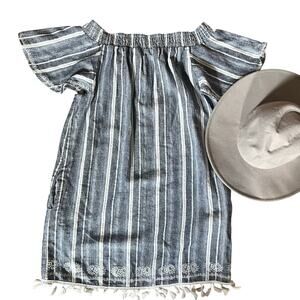 STELLA Off-Shoulder Striped Blue WhiteTassel Dress – Women’s Size Medium